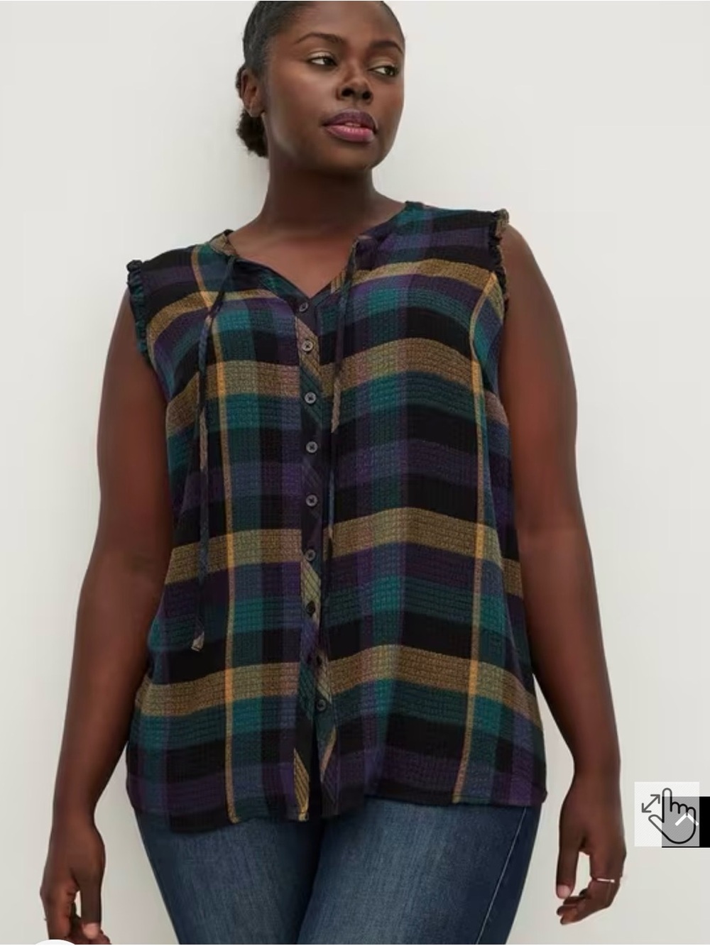 Torrid Plaid Crinkle Gauze Ruffle Tie Front Tank Top Size 1x